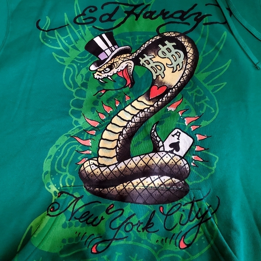 Ed Hardy Green New York City Snake Poker Graphic Hoodie Size XL NWT - Picture 3 of 9